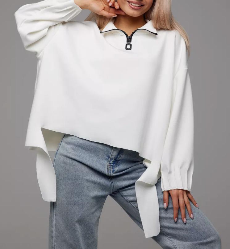 

Autumn 2025 Women s European & American Solid Color Zipper Loose Sweatshirt Small білий