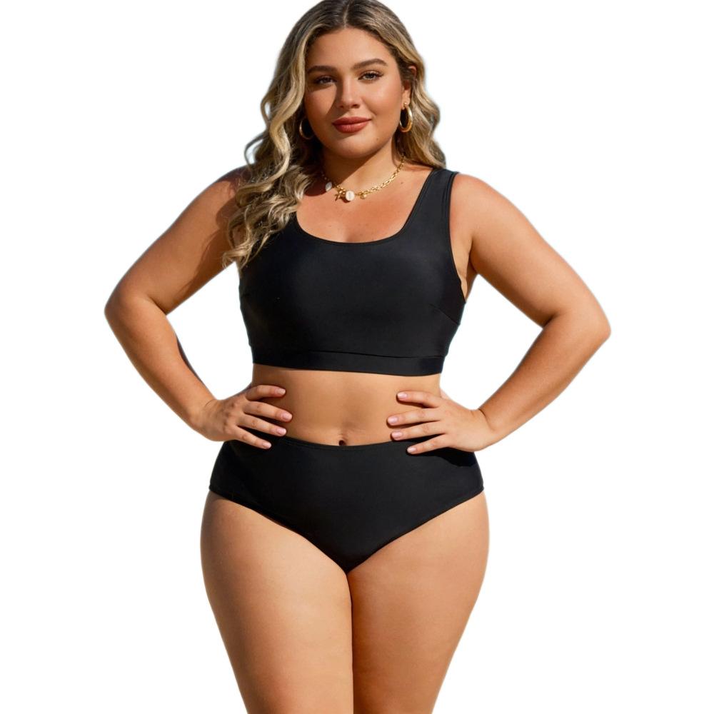 

Plus Size Sporty High Waisted Two Piece Bikini Set, Solid Black Nylon Swimsuit For Women 1XL