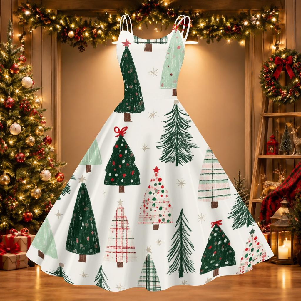 Women's Casual Christmas Print Neck Vintage Dress for Holiday Celebrations