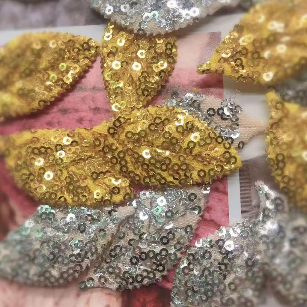 10Pcs Golden Silver Leaves With Sequins Embroidered Patches Applique Clothing Patch Decoration