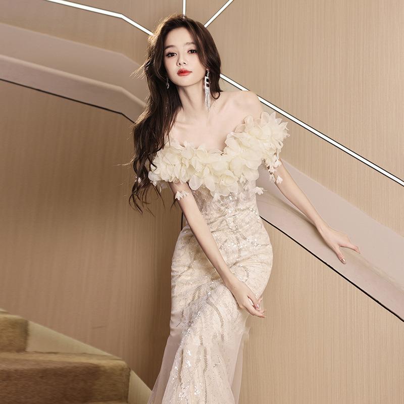 One-word Shoulder Dress Champagne 1011 New Summer High-end Light Luxury Birthday Host Banquet Evening Dress Dress