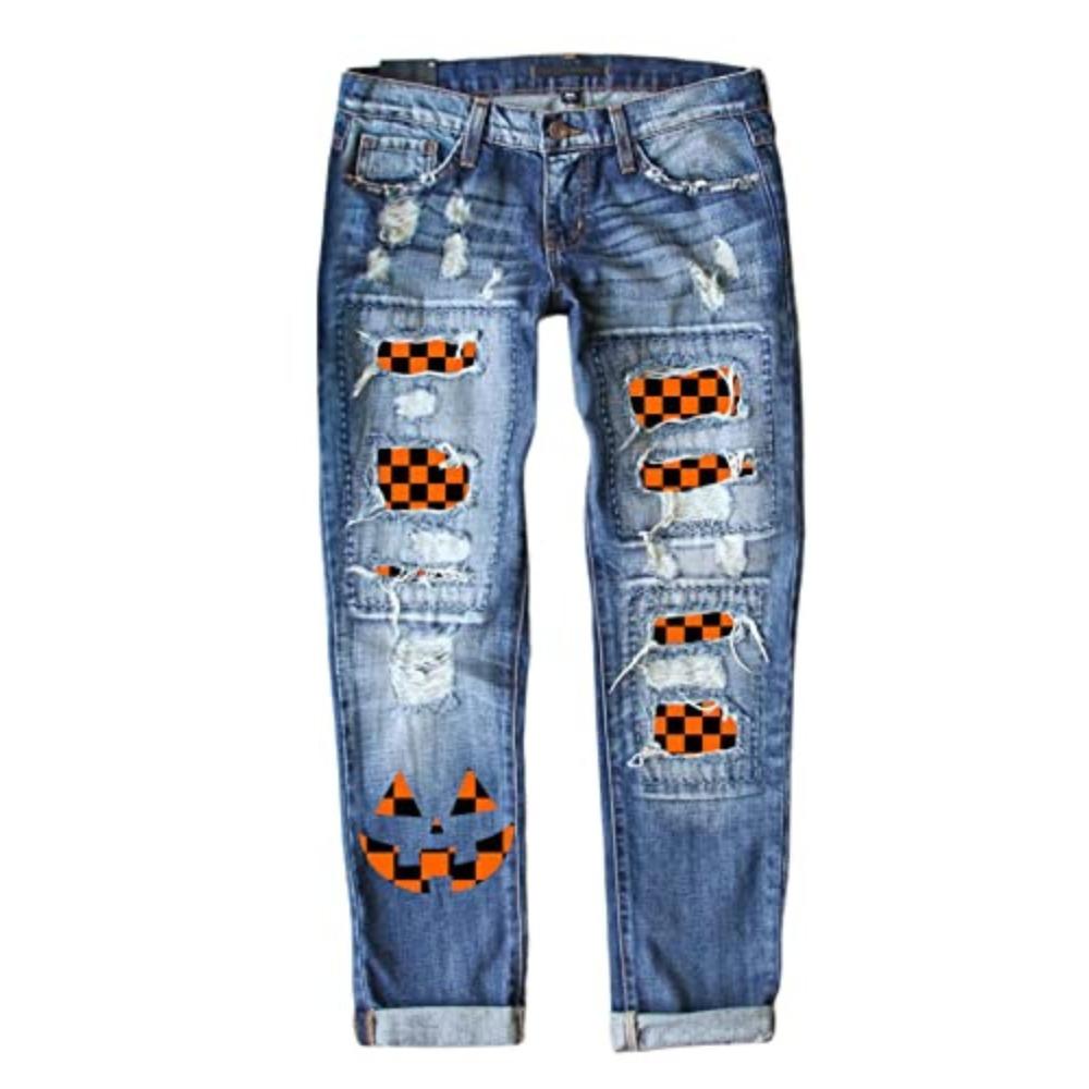 Women's Mid Rise Straight Leg Distressed Halloween Pumpkin Ghost Patch Print Long Denim Pants Summer Street Jeans