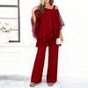Women’s Chiffon Two Piece Set Wide Leg Pants and Layered Top Loose Fit Off Shoulder Outfit for Casual or Formal Wear