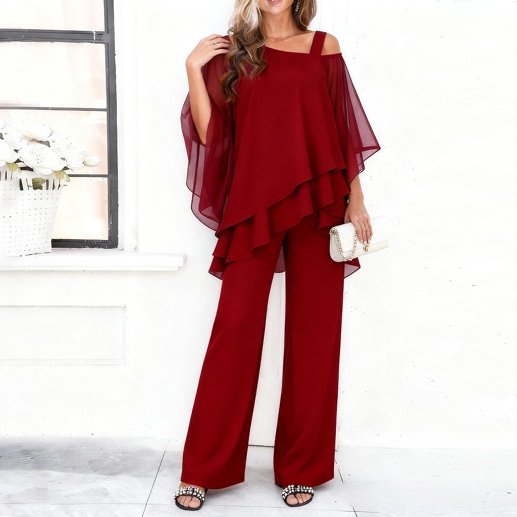 Women’s Chiffon Two Piece Set Wide Leg Pants and Layered Top Loose Fit Off Shoulder Outfit for Casual or Formal Wear