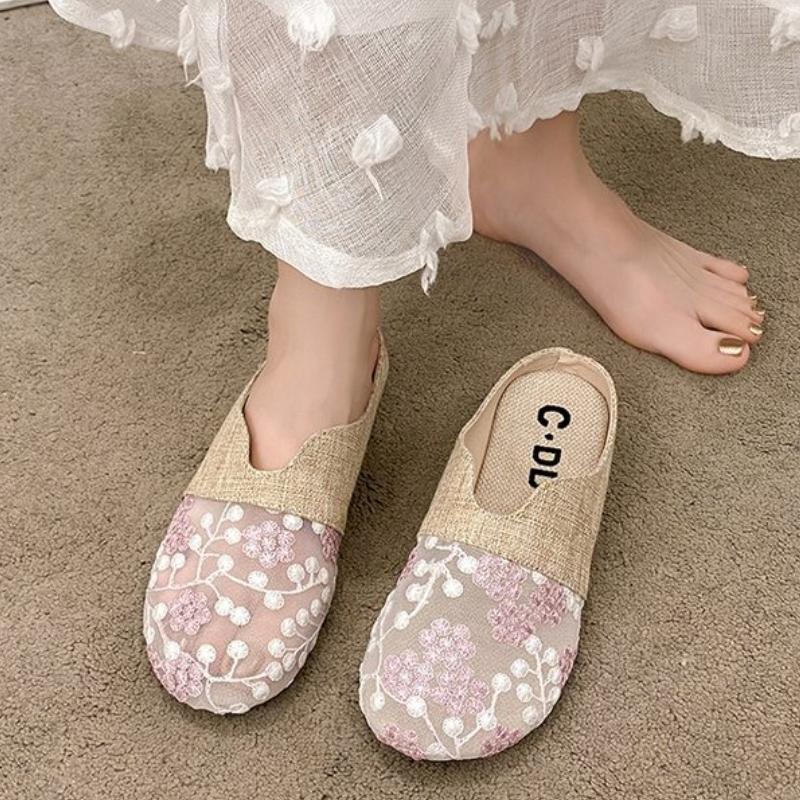 Fashion Breathable Mesh Linen Slippers For Women Summer Flat Shoes Anti-slip Female Indoor Outdoor Slides Office Lady Walking Sandals