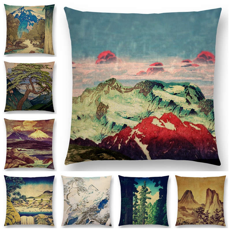 Mount Fuji Spring Pillow Cover Landscape Painting Cushion Cover Four Seasons Nature Scenery Fuji Mountains Sofa Pillow Case
