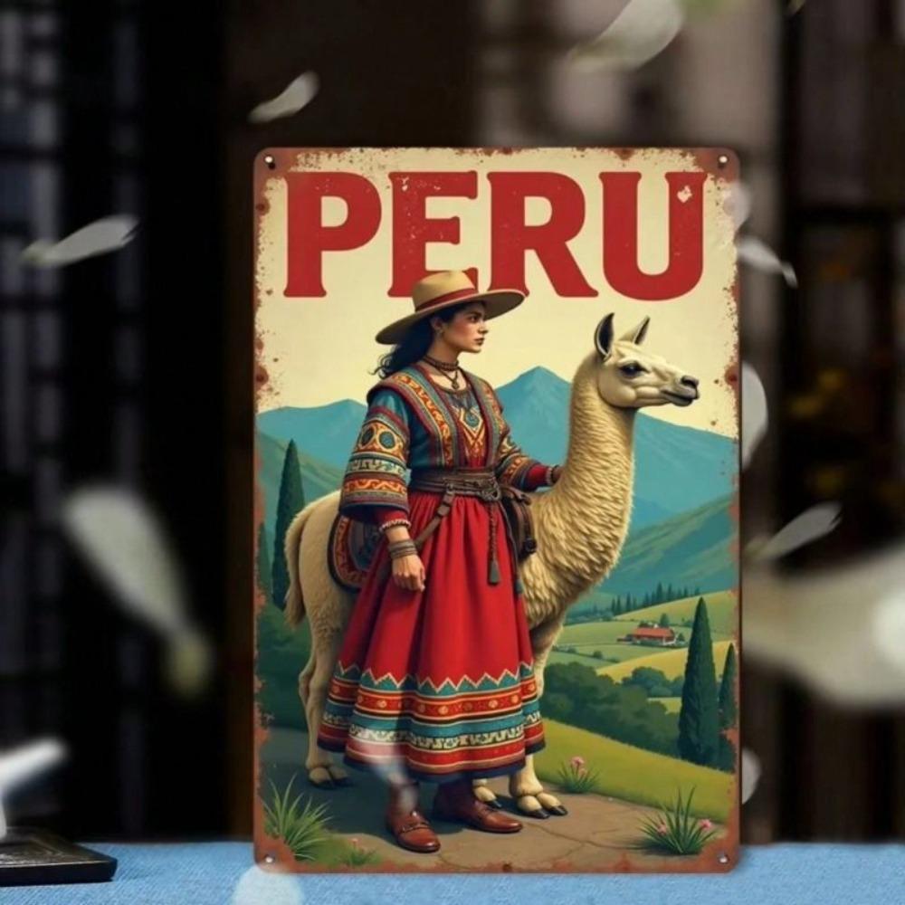 Vintage Peruvian Landscape with Lamas Metal Poster Wall Art Decor for Living Room