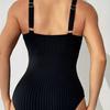 Clearance Special Black Vertical Texture V-Neck Crossed One-piece Swimsuit, High Fork Belly Conservative Swimsuit