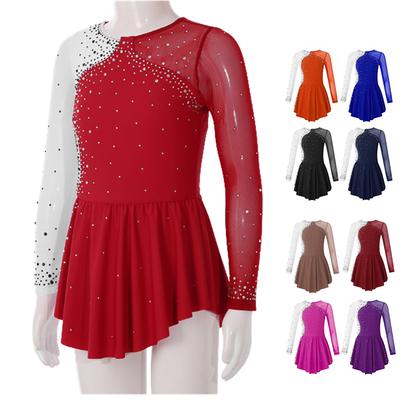 Crianças meninas figura patinação no gelo vestido ballet dança ginástica collant tutu manga longa brilhante strass pura malha vestidos dancewear