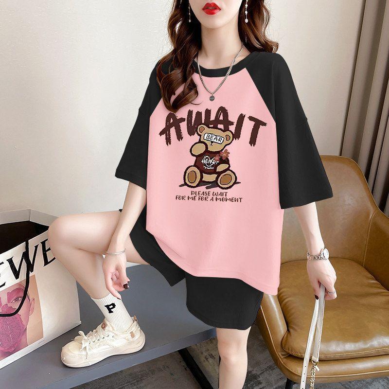 

Pure Cotton Sports Casual Suit for Women, Plus Size, 2026 New Style, Loose Cartoon Short-Sleeved Shorts, Raglan Sleeves, Two-Piece Set Black and Pink 3XL