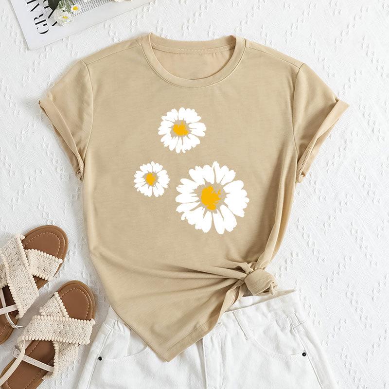 Sommer Damen T-Shirts mit Drei-Gänseblümchen-Print, locker, Rundhalsausschnitt, lässig, reine Baumwolle, kurzärmelig, Damen