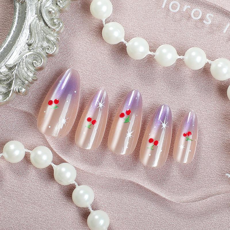 24-Piece Purple Gradient Cat Eye Almond Press-On Nails with Cherry Art Tips