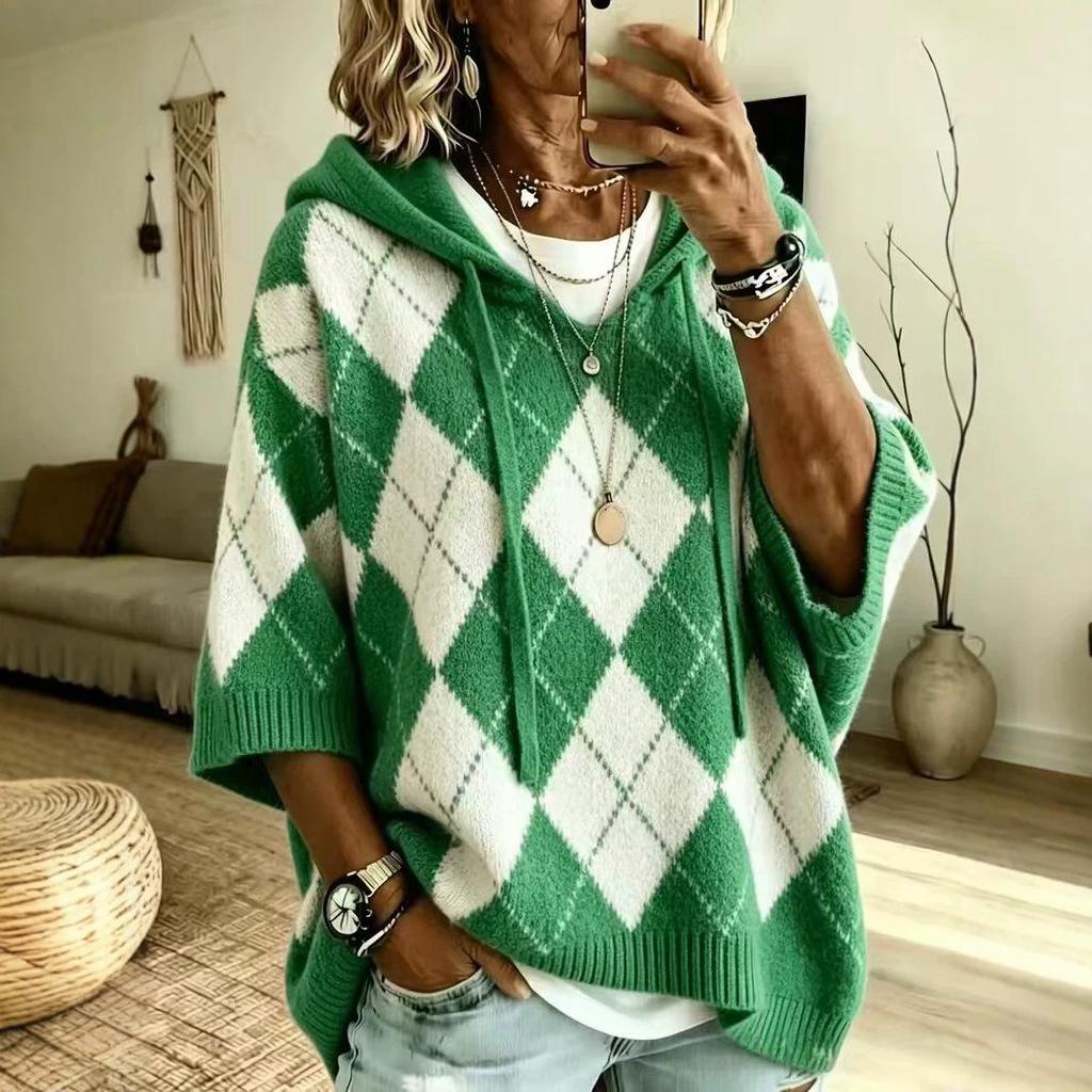Autumn/Winter Diamond Plaid V-neck Hooded Women's Sweater - European & American Casual Knitwear.