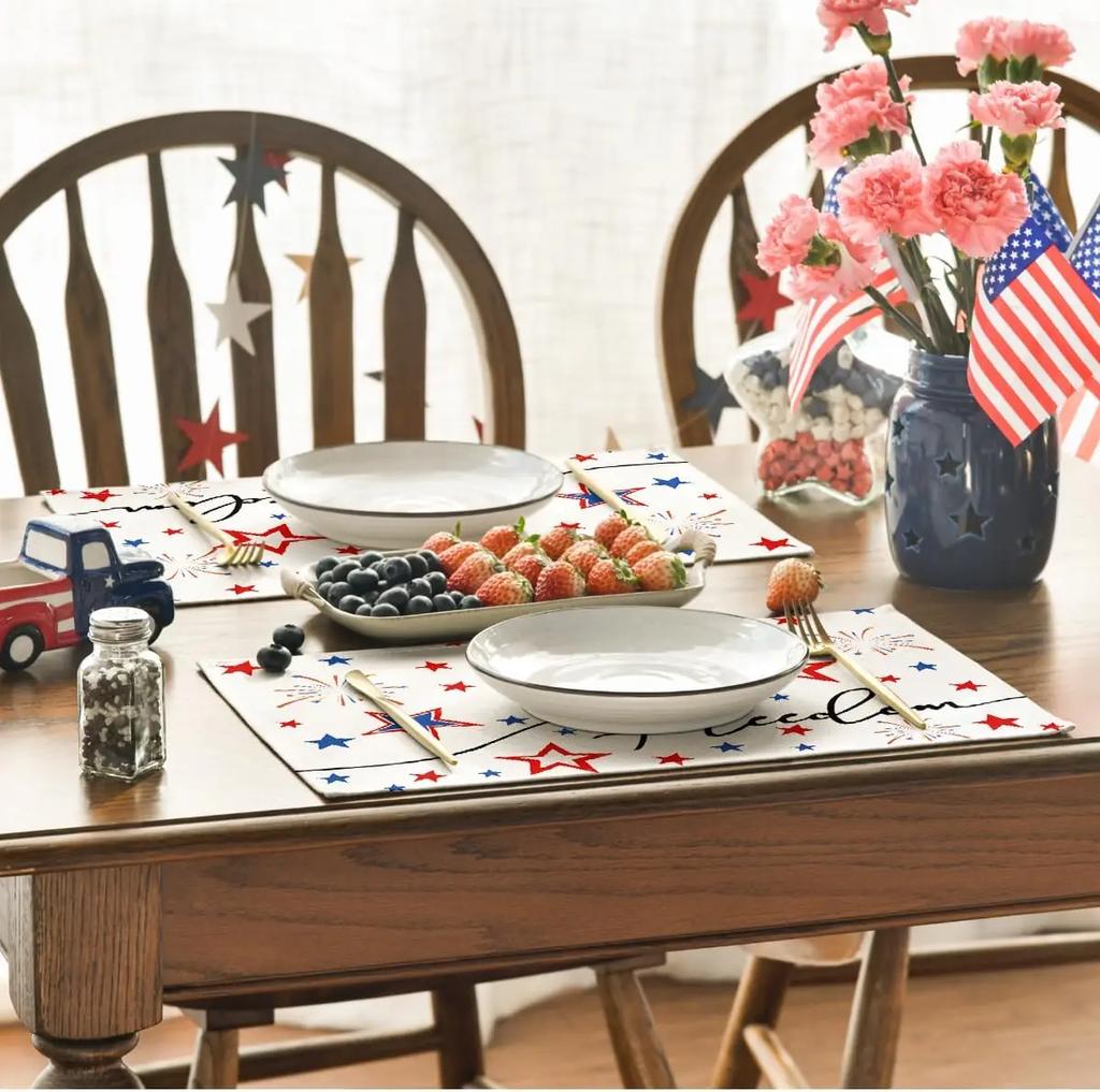 4PC Patriotic Freedom Stars 4th of July Placemats for Dining Table, Memorial Day Decoration Washable Table Mats