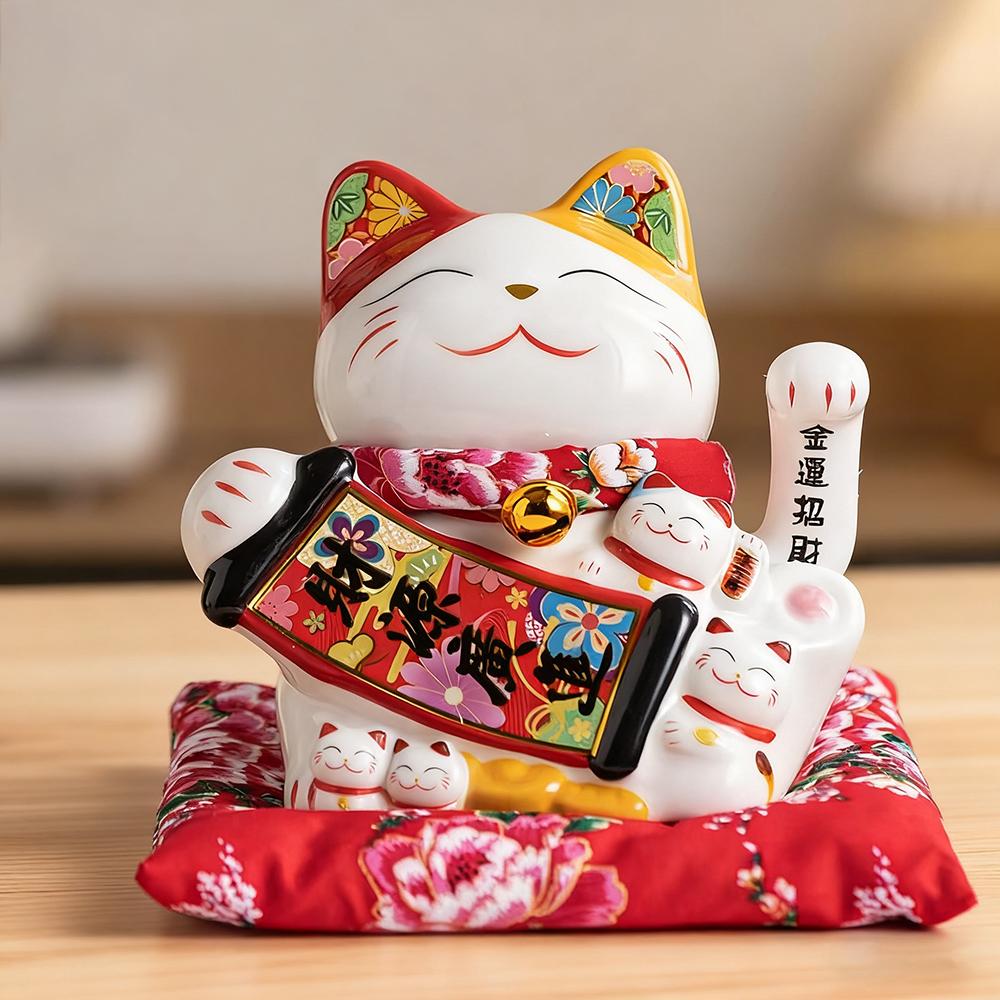 7 Inch Fortune Cat with Waving Arm Ceramic Lucky Cats Feng Shui Centerpiece Decor Ornament for Home Office Shop Decoration