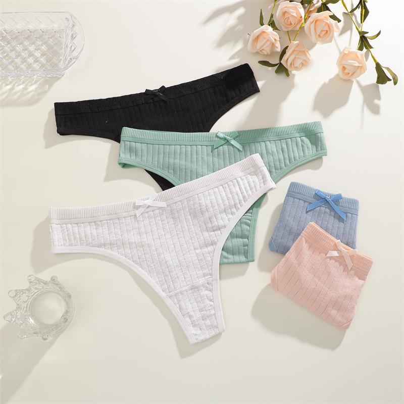 Duży Rozmiar 3 Szt. Damskie Bawełniane Stringi Seksowne Prążkowane Oddychające Majtki Codzienna Urocza Bielizna z Kokardką Dziewczęca Niska Talia G-String Lingerie