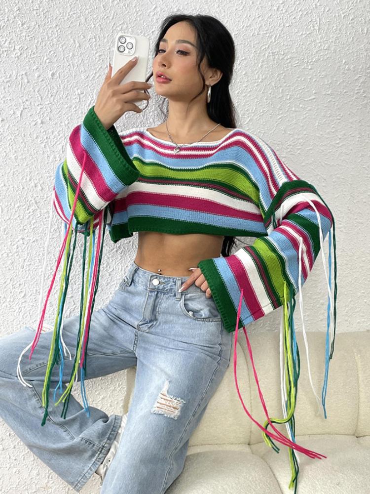 Women's Rainbow Stripe Tassel Knitted Sweater Sexy Ultra Short Open Umbilical Loose Sweater