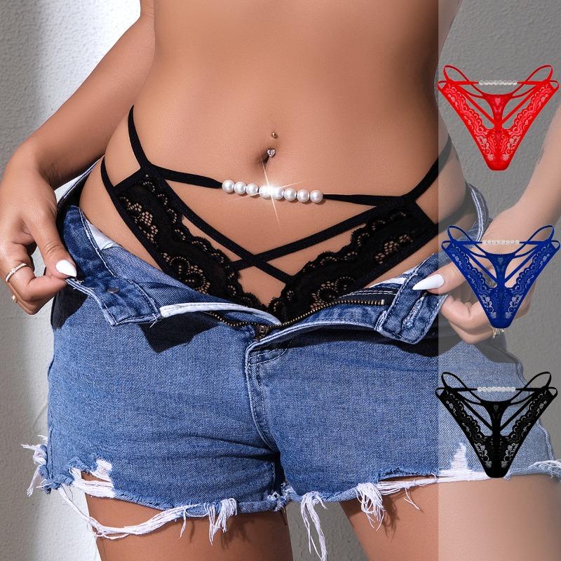 1 Pcs Pearl Design Lace Ladies Briefs Elegant Sexy Women G-string Hollow Out Sexy Lingerie Low Waisted Pearls Decor Lady Thongs