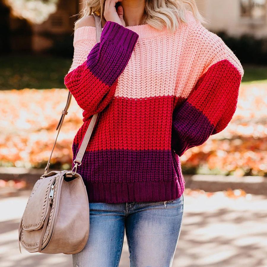 Women's Autumn Winter Knit Set Sweater Loose Patchwork Color One-Shoulder Crewneck Pullover