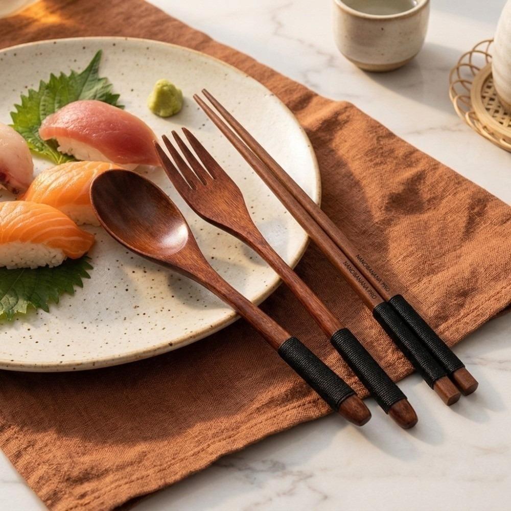 3 Pcs/Set With Thread Wooden Chopsticks Set Reusable Portable Tableware Set  Home Use