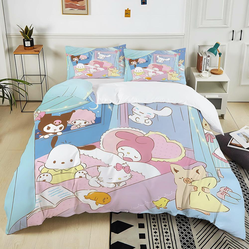 Cute Sanrio Friends Print Bedding Sets Hello Kitty Melody Cinnamoroll Bed Cover Duvet Cover Pillow Case 2-3 Pieces Sets