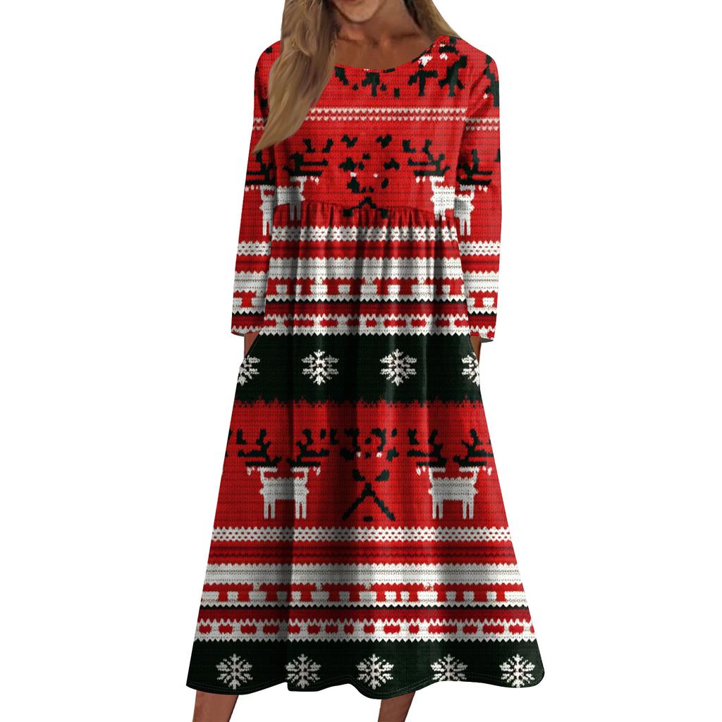 Damen Freizeitkleid mit Rundhalsausschnitt, Weihnachtsdruck, mittellang, langärmlig mit Tasche