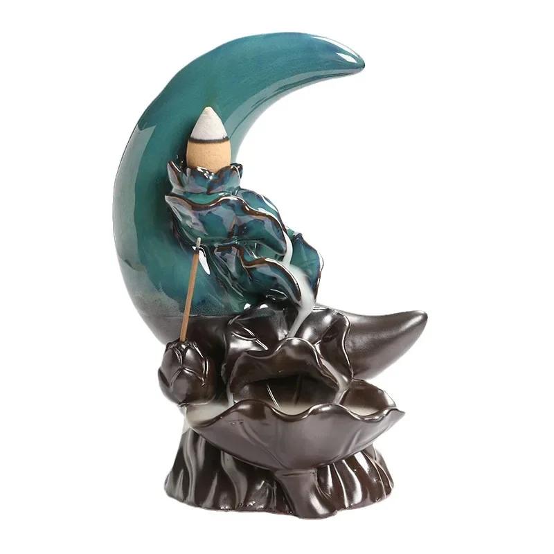 Zen Decorative Moon & Lotus Waterfall Backflow Incense Burner Incense Sticker Holder Home Decor Creative Home Aromatherapy Gift