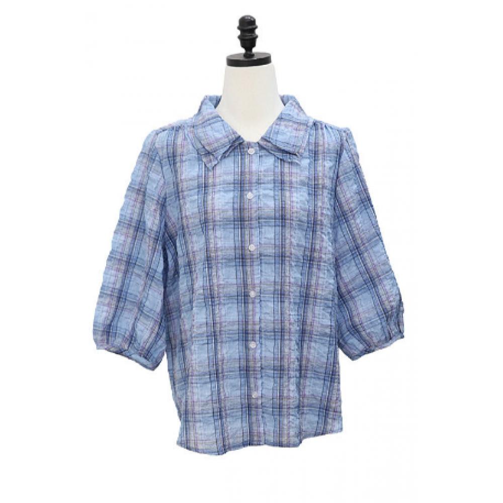 Shiz Madam 7 8 Balloon Sleeve Shirt Cool Check T57547