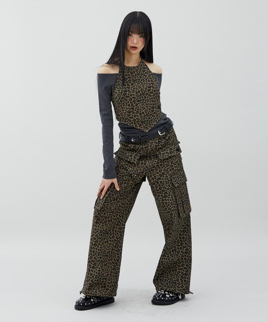 LALAFOX Leopard Print Rivet Pocket Point Pants Brown Br2Wp007