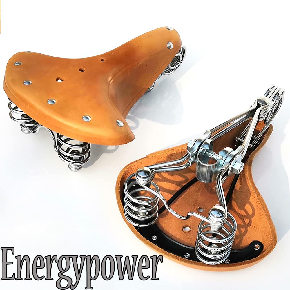 EnergyPower Leather Bicycle Saddle with Double Coil Front and Double Spring Full Grain Cowhide Retro Shock Absorbing Water Genuine Leather Bicycle