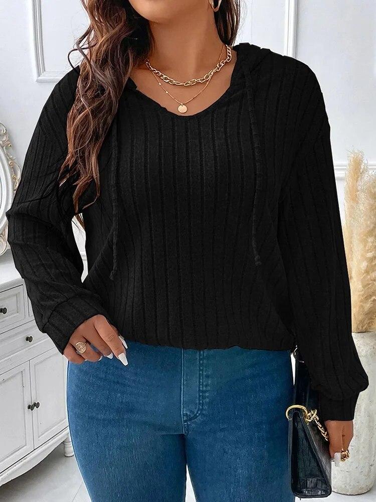 Plus Size Vintage Drawstring Hooded Tshirts Womens Long Sleeve Solid Knit Casual Tops Female Simple Design Chic Streetwear Clothes 2026