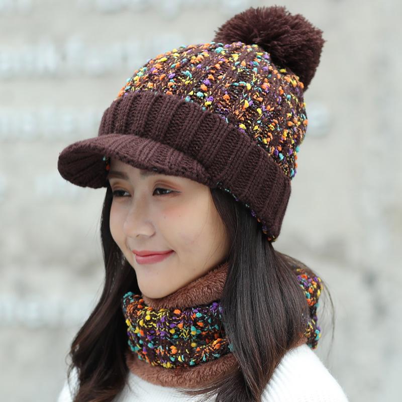 Autumn and winter women's hats trendy velvet thickened warm hairball wool hat scarf knitted hat two-piece set