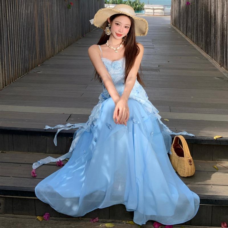 Pure Desire Light Blue Irregular Blue Suspender, Butterfly Gauze Skirt Vacation Skirt
