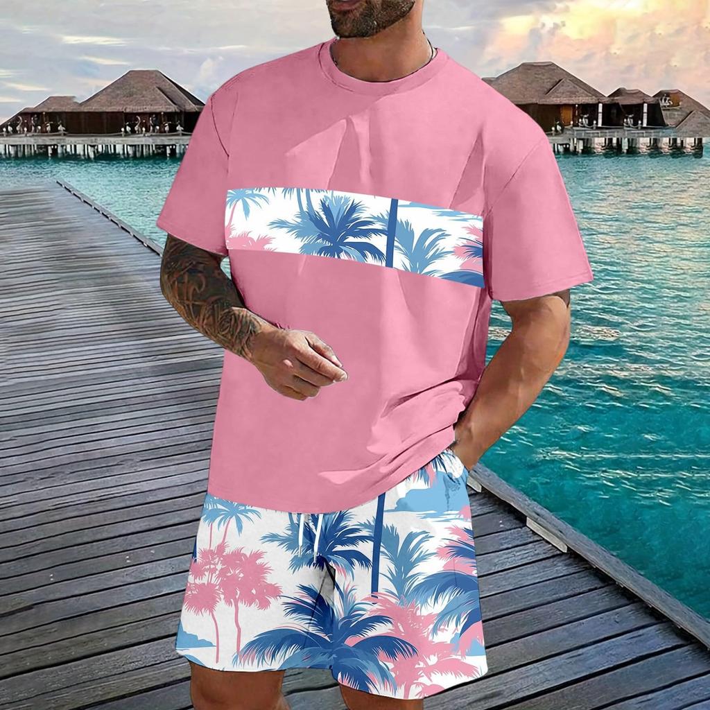 Men's Casual Two Piece Set Short Sleeve T Shirt and Elastic Waist Drawstring Shorts Summer Outfit Lightweight Comfortable Fit