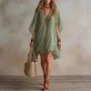 Spring V-neck Chiffon Piece Dress Seaside Vacation Loose Blouse Beach Skirt Vacation Style