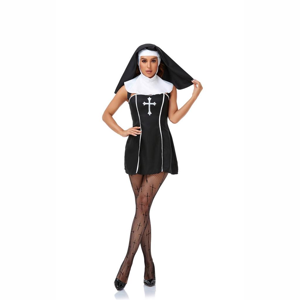 Nun Religieuse Halloween Cosplay Dress With Cotton Blend Material For Costume Parties