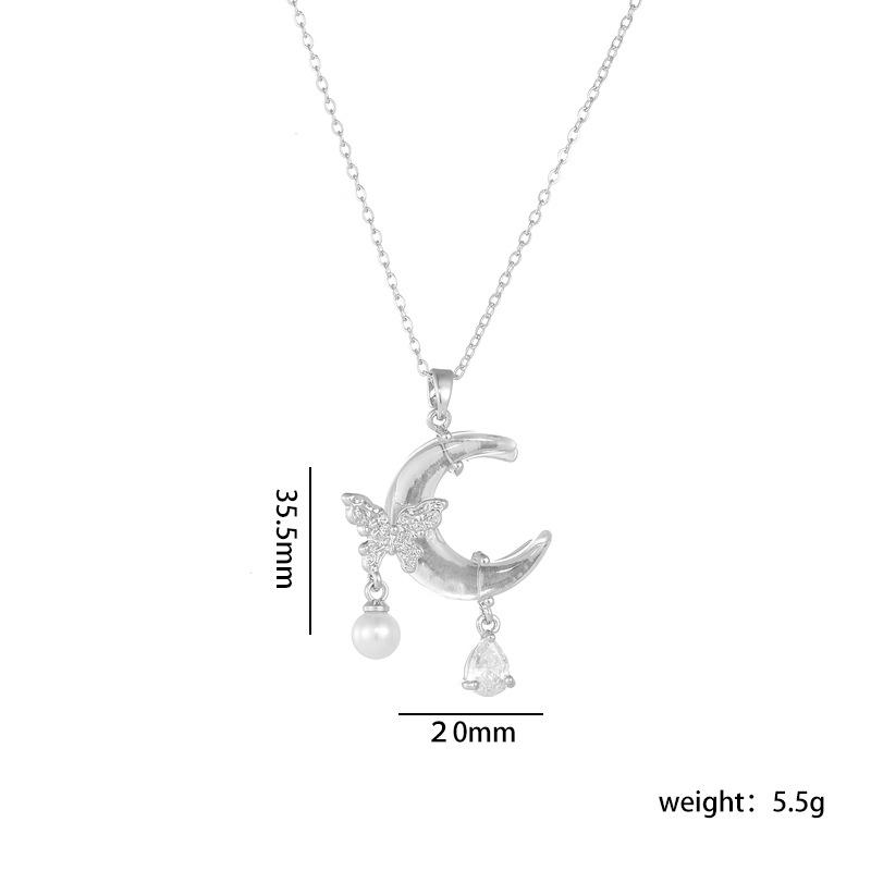 Stainless Steel Chain Sweet Shiny Zircon Butterfly Resin Moon Pendant Necklace for Women Lady Fashion Jewelry Accessories Gifts