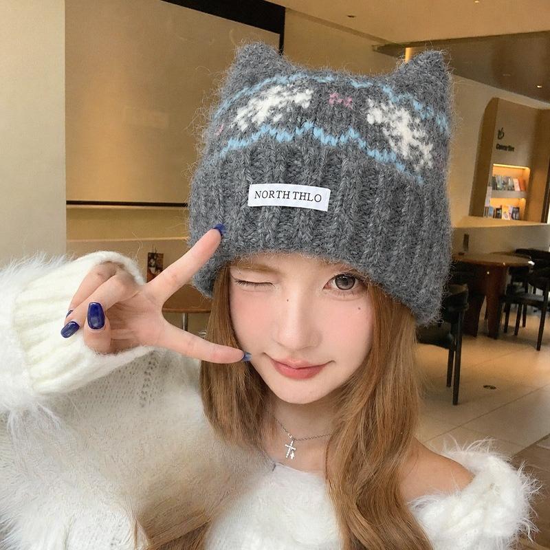 2026 autumn and winter new Fair Island wind cat ear wool hat, fleece warm cold hat, big head circumference and small knitted hat
