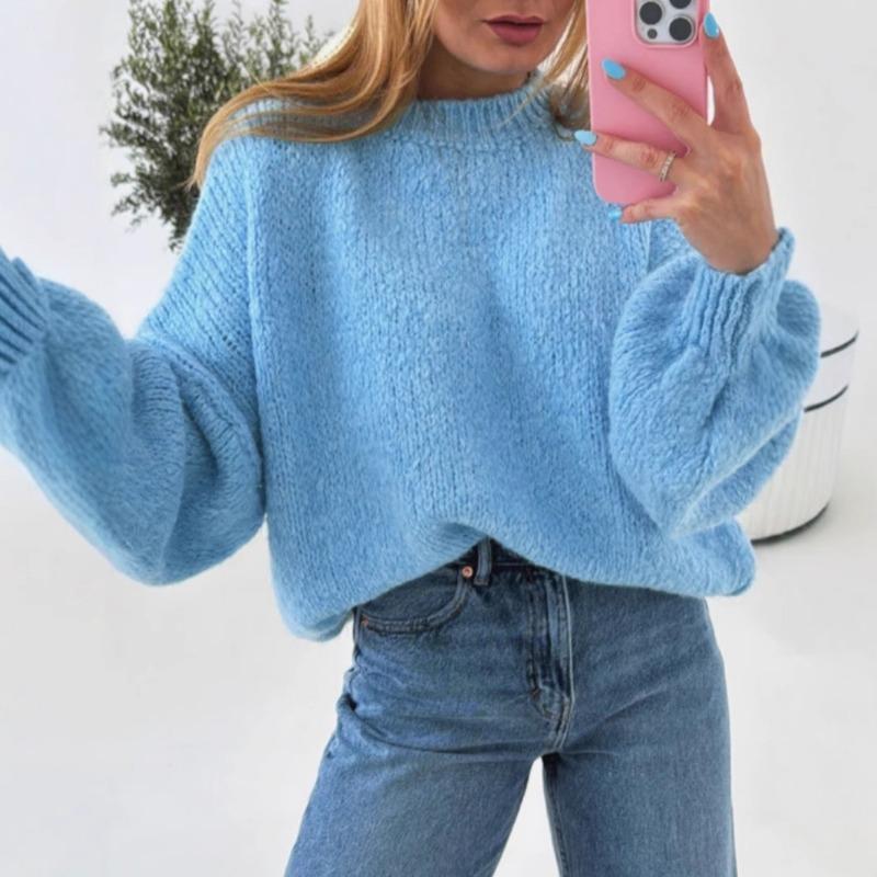 2025 Autumn and Winter Women's Loose Lantern Sleeve Sweater Round Collar Pullover Solid Color Knitted Sweater