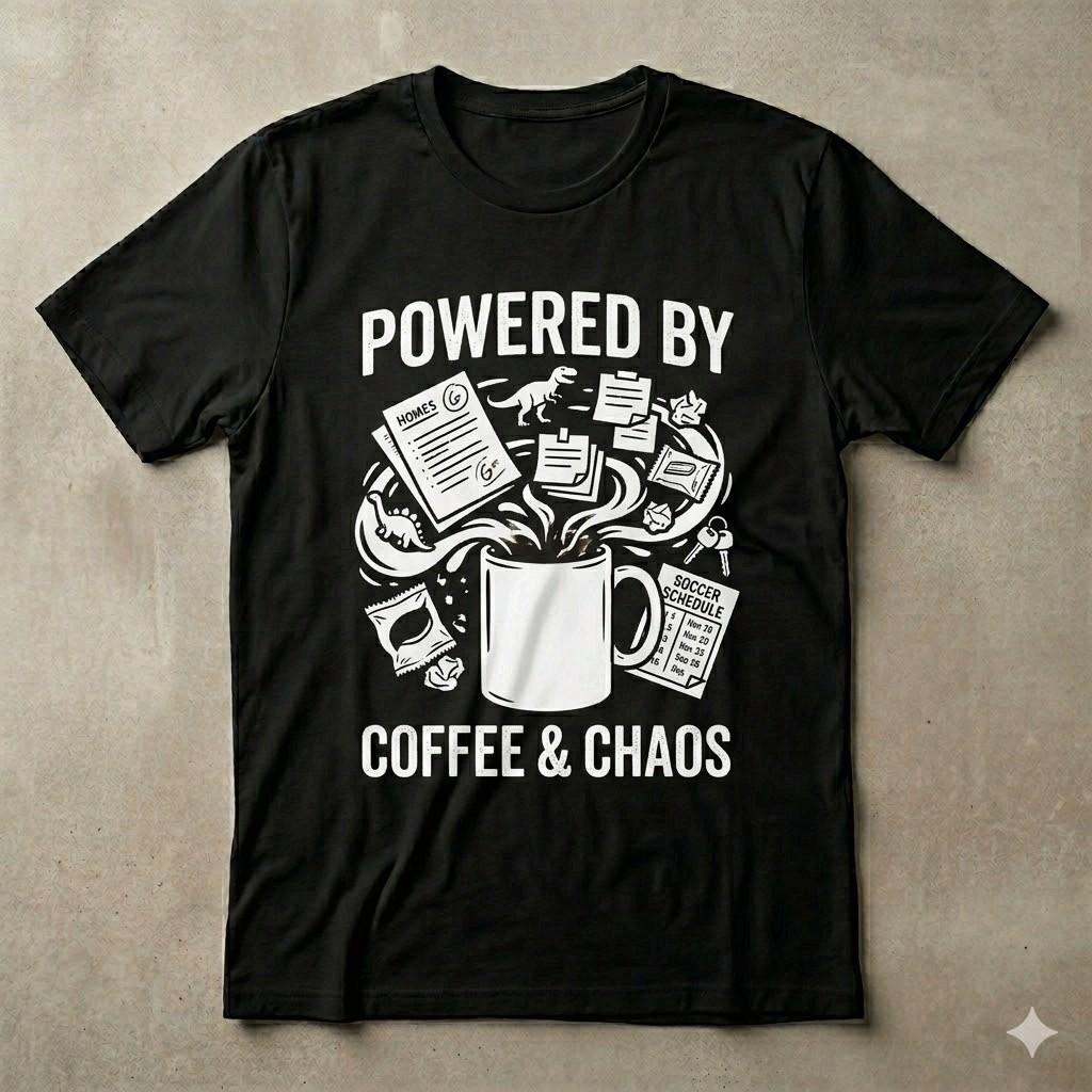 Powered By Coffee And Chaos Funny Dad Graphic Unisex T-shirt