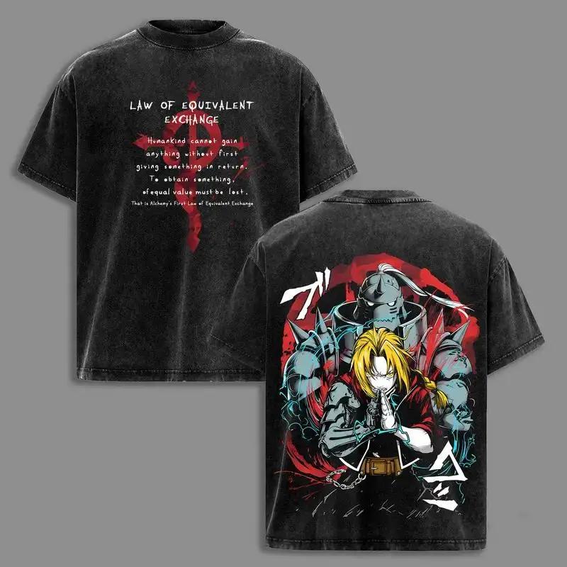Classic Japan Anime Fullmetal Alchemist Brotherhood Manga Print Tees Loose Casual Oversized Top Men Women Washed Cotton T-shirts