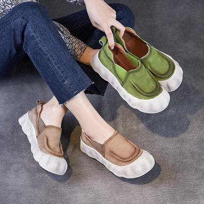 Sapatos Mocassins Femininos Retro de Couro Genuíno com Solado Macio, Bico Redondo, Versáteis, Slip-on