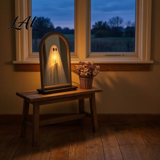 Haunted Mansion Decor Halloween Light Up Ghost Mirror Holding Candle on Spooky House Mirror Decorations Indoor for Wall Table Mantel Room Home Office
