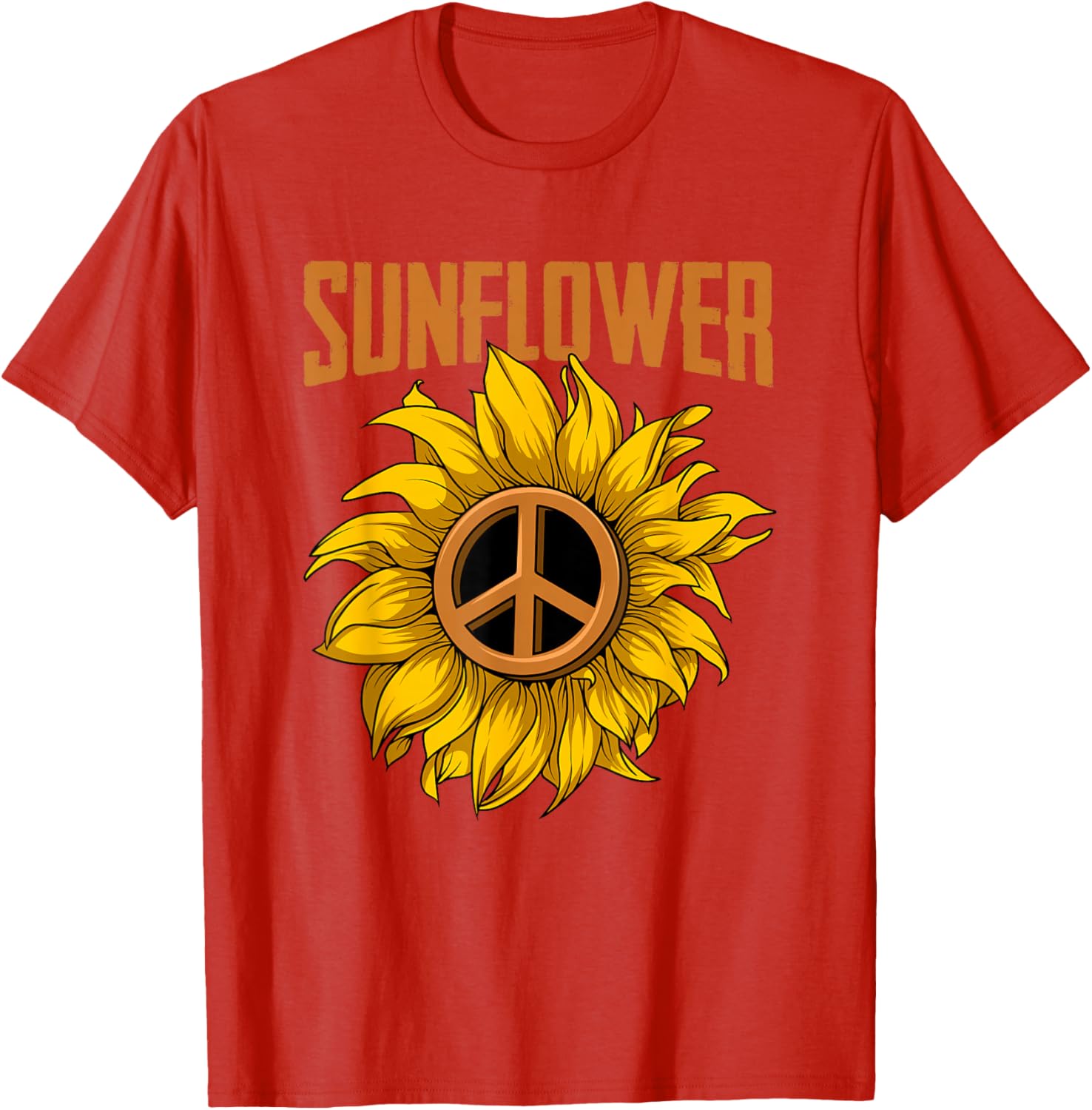 Sunflower Peace Sign Hippie T-Shirt Men Casual Round Neck Cotton Short Sleeve Graphic Tee S