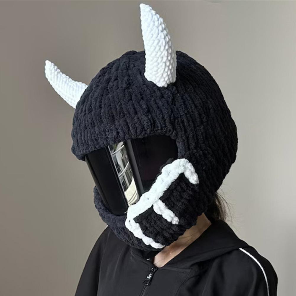 Winter Motorcycle Helmet Headgear Cover Trendy Devil's Horns Creative Cartoon Knitted Motocross Full-Face Protective Helmet Case