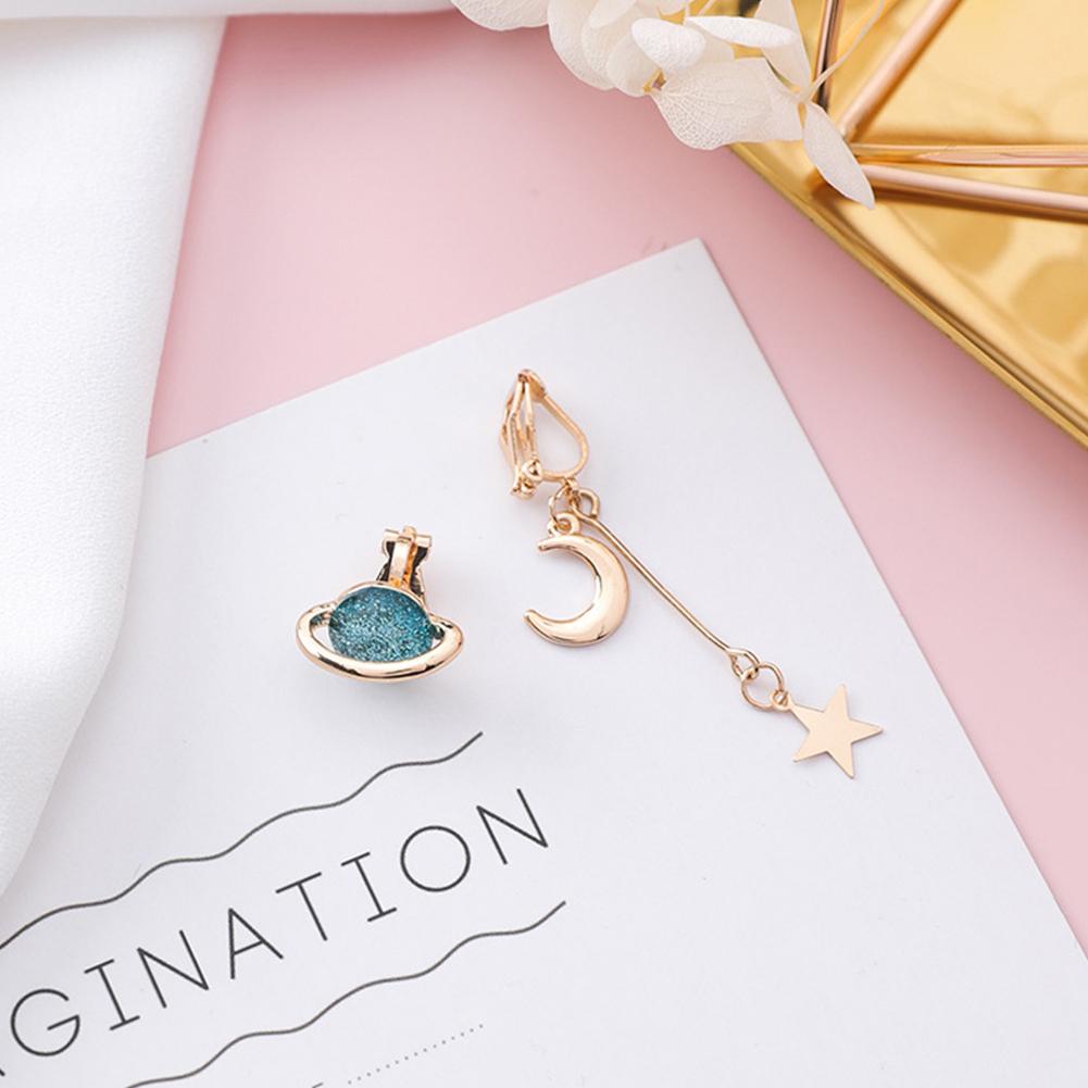 Woman Stylish Elegant Star Moon Shaped Asymmetric Universe Element Earrings