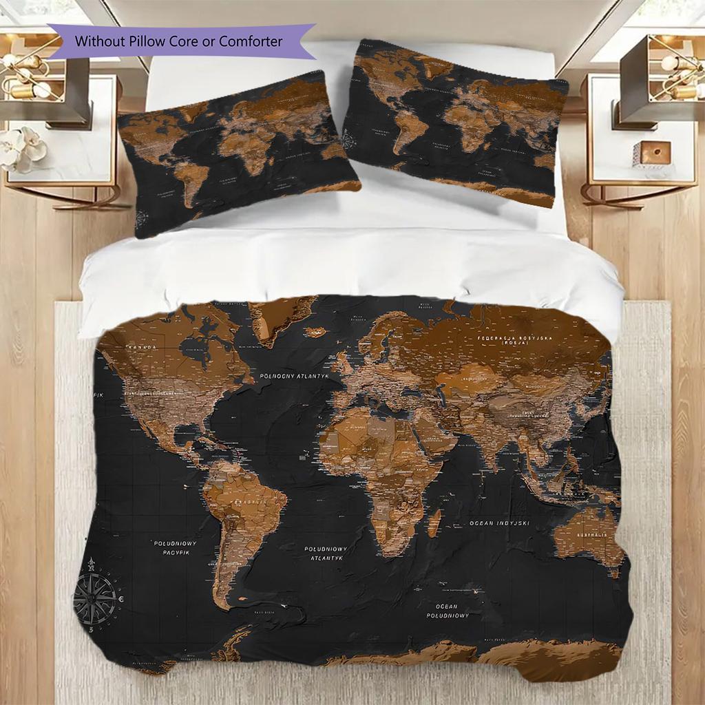 Vintage World Map Artistry Bedding (1 * duvet cover + 2 * pillowcase, without core) 2D Flat Christmas birthday gift Soft and comfortable Bedding set
