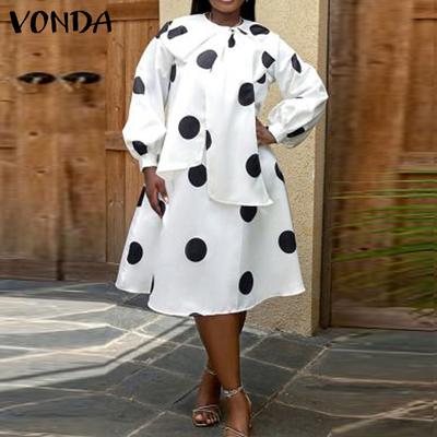 Robes à pois à manches longues et col rond pour femmes de grande taille