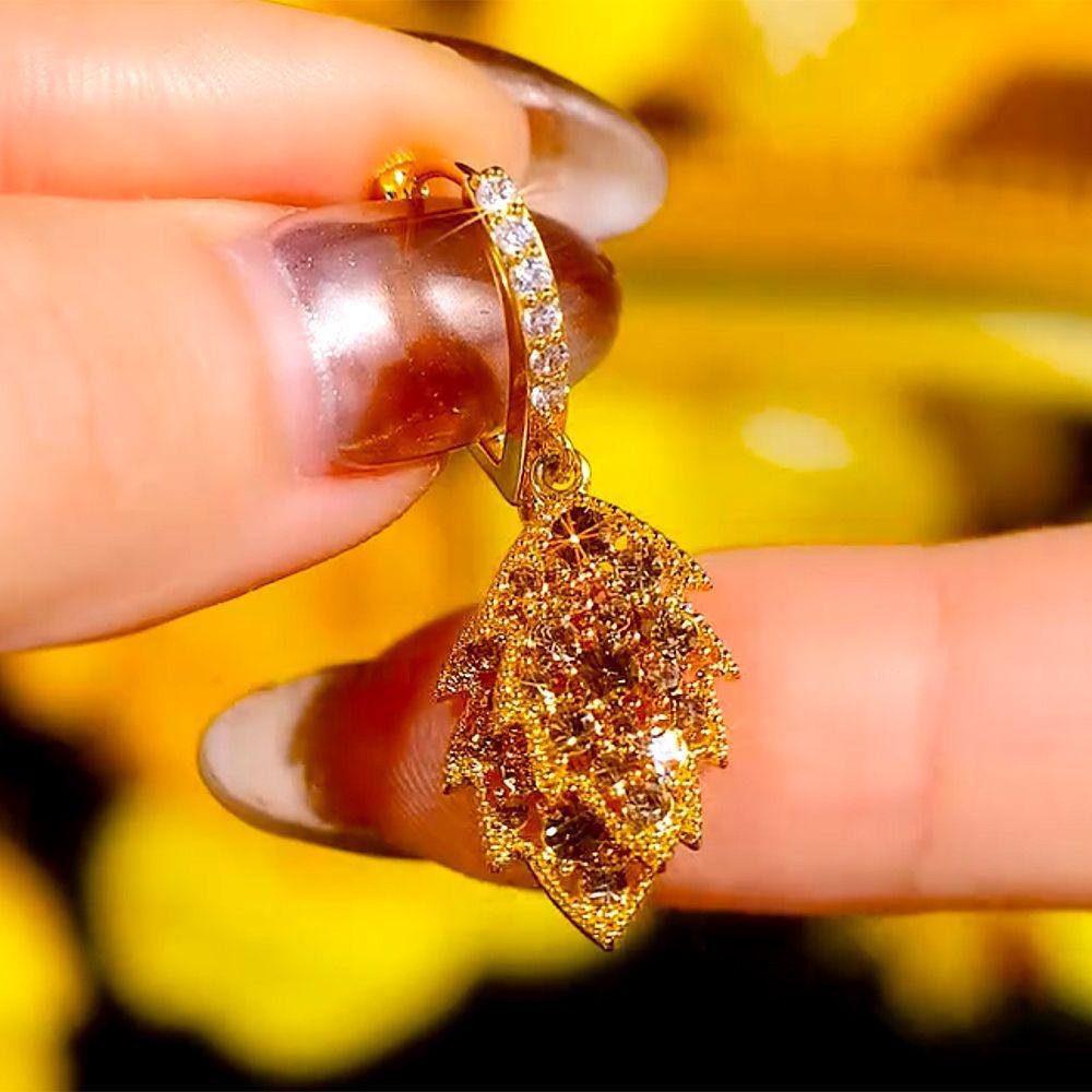Luxury Champagne Zircon Leaf Earrings - Exquisite Design for Women s Elegant Style