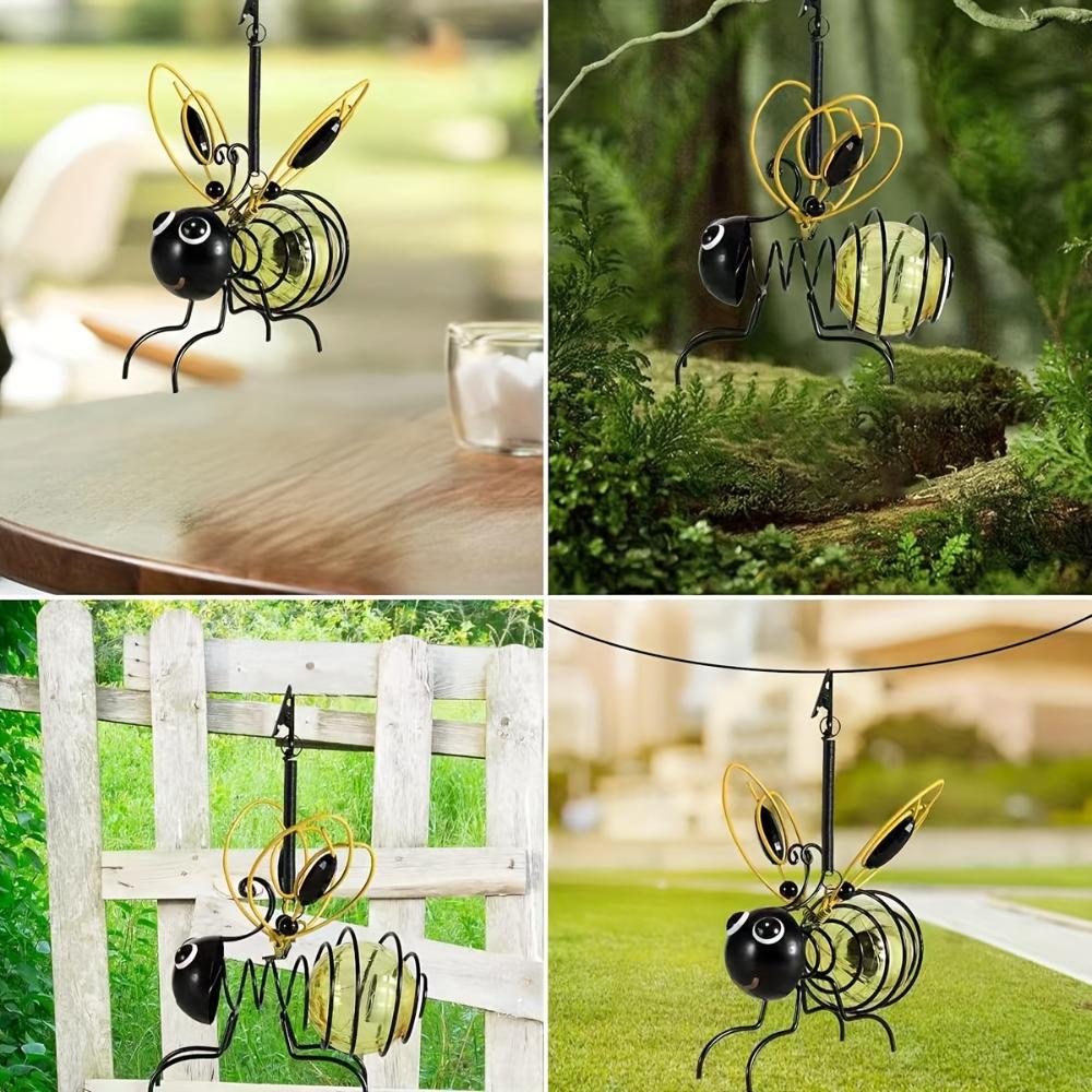 Solar Iron Bee Statue With LED Fairy Lights Outdoor Waterproof Hanging Tree Ornaments For Fence Yard Courtyard Garden Art Decor